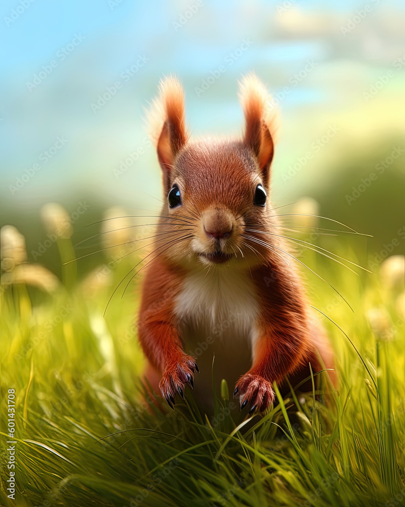 Red squirrel in the grass, fluffy brown squirrel stands in meadow, landscape. Adorable critter. Illustration, generative AI.