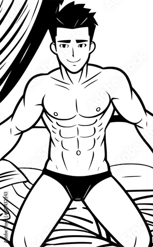 black and white of man on the bed