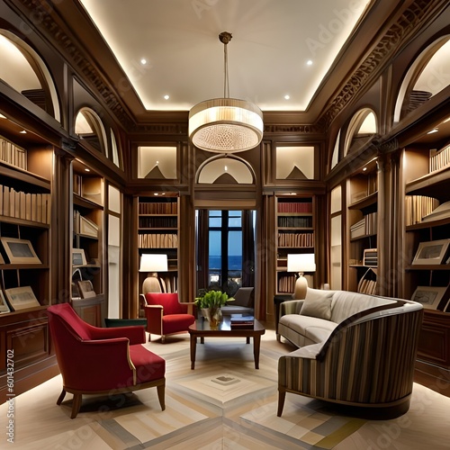 Modern living room, library, bookshelf © Marina Blanc
