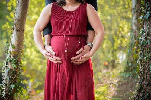 Femme enceinte dans la nature, parents avec les mains en forme de coeur, bola de grossesse
