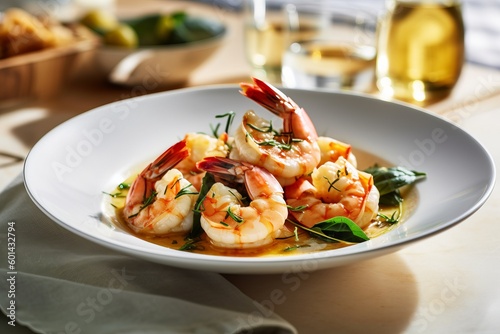 a delectable plate of Tuscan butter shrimp, beautifully presented on a clean white plate in a cozy kitchen bathed in soothing daylight. Generative ai