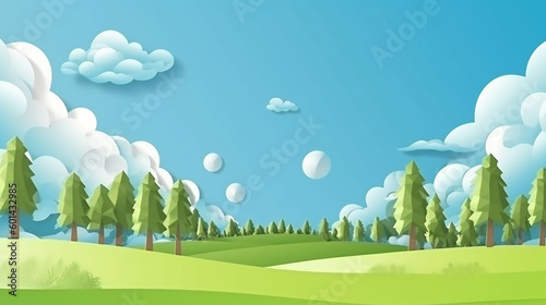 Paper summer landscape. Panoramic green field with trees and blue sky with white clouds. Layered papercut ecology 3d concept. Generative AI