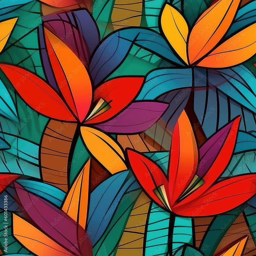 Exotic flowers seamless repeat pattern - fantasy colorful cubism, abstract art, trippy psychedelic [Generative AI]
