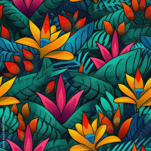 Exotic flowers seamless repeat pattern - fantasy colorful cubism  abstract art  trippy psychedelic  Generative AI  