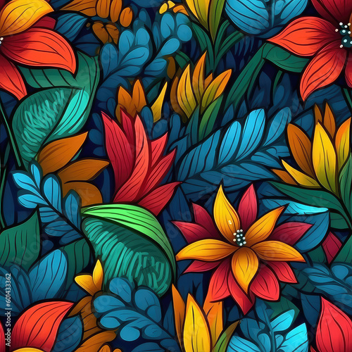 Exotic flowers seamless repeat pattern - fantasy colorful cubism, abstract art, trippy psychedelic [Generative AI]  © Roman