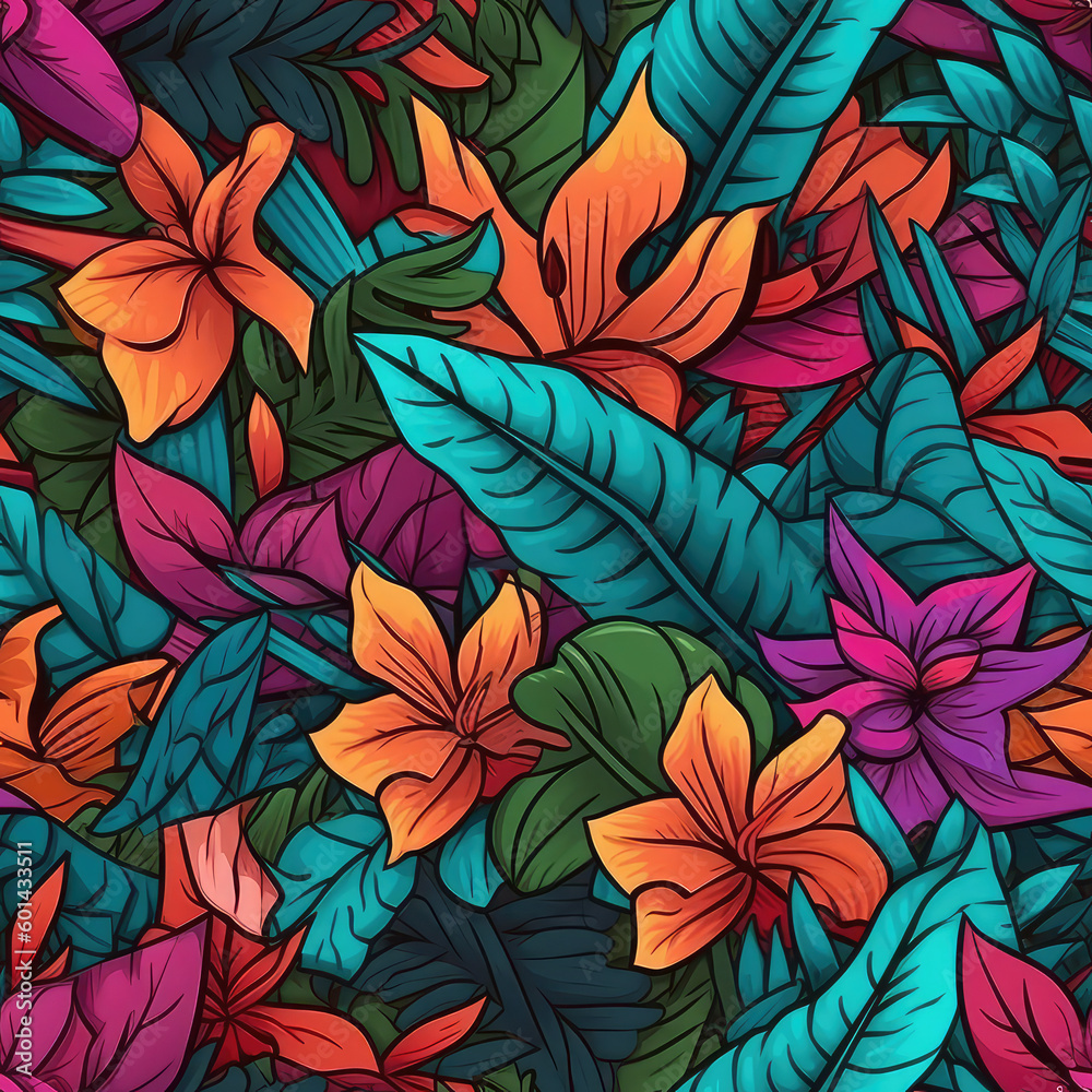 Exotic flowers seamless repeat pattern - fantasy colorful cubism, abstract art, trippy psychedelic [Generative AI]
