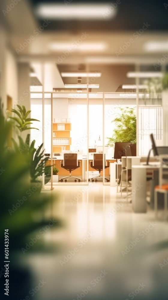 Blurred office room interior with defocused effect, blurred workspace, business concept. Generative AI Blurred office room interior with defocused effect, blurred workspace, business concept. Generative AI