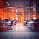 Blurred office room interior with defocused effect, blurred workspace, business concept. Generative AI