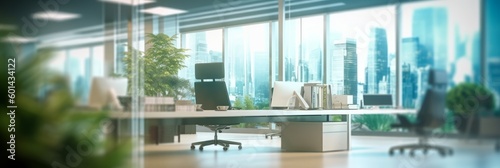 Blurred office room interior with defocused effect, blurred workspace, business concept. Generative AI