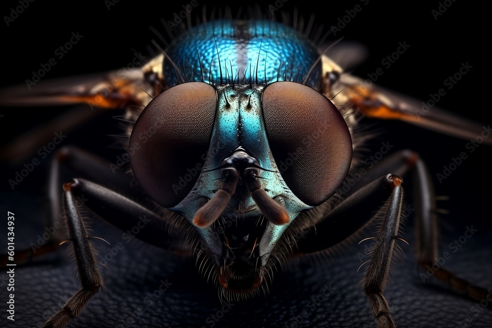 Red Bottom Fly the fly's eye is in red and blue, in the style of textured surface ...