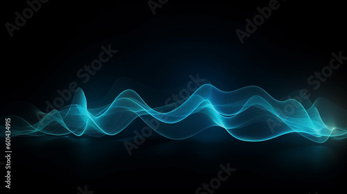 Néon effet flou, fumée, vague en mouvement, bleu électrique et clair sur fond noir. Pour conception graphique, bannière © FlyStun