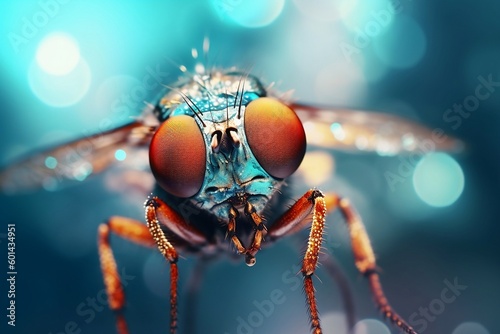 the fly's eye is in red and blue, in the style of textured surface layers, aurorapunk, black background, light brown and white, hyperrealistic fauna, aerial photography