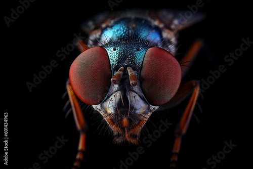 the fly's eye is in red and blue, in the style of textured surface layers, aurorapunk, black background, light brown and white, hyperrealistic fauna, aerial photography © Abraham