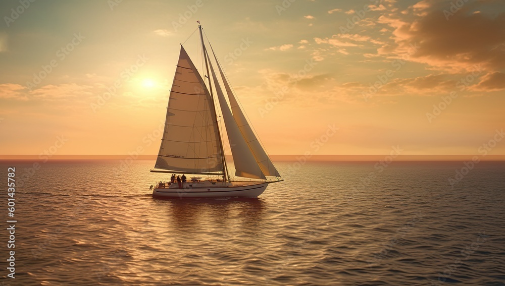 Sailing yacht in the sea at sunset, a 3D render illustration enhanced by Generative AI