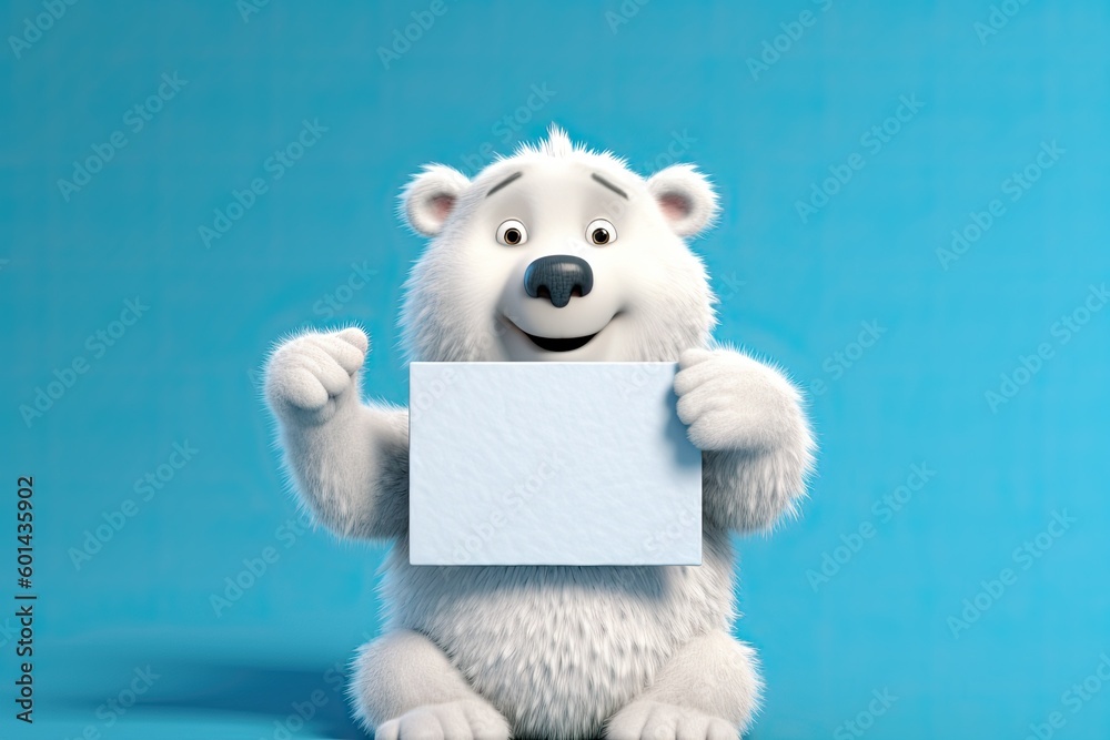 Cute Cartoon Polar Bear Holding a Blank White Sign on a Blue Background (Generative AI)