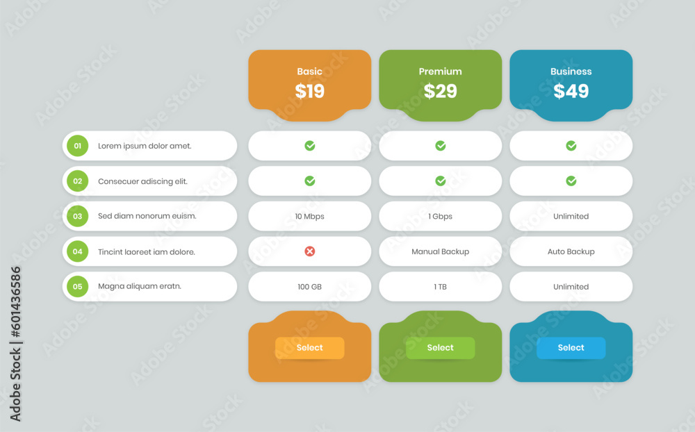 Abstractly designed pricing comparison list for business Abstractly designed pricing comparison list for business