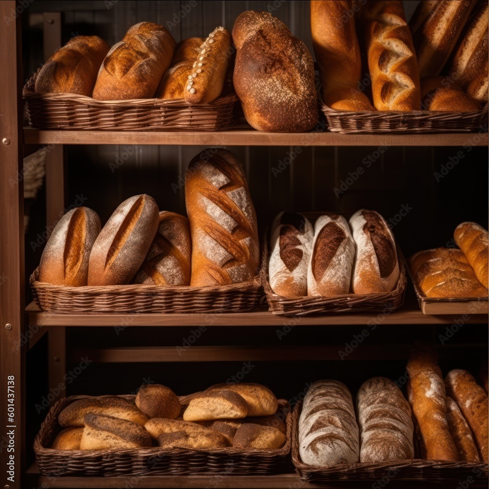 Assortment of baked bread loaves on bakery shelves background, Generative AI
