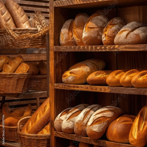 Assortment of baked bread loaves on bakery shelves background, Generative AI