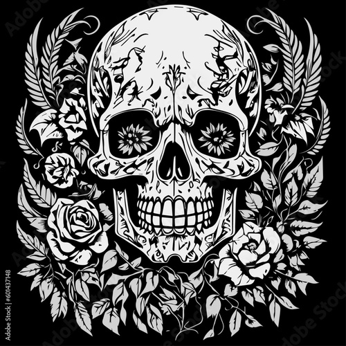 Vintage template with ornamental floral frame and decorative skull tatto