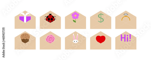 Set of envelopes with clip arts isolated on white background. Flat gift box, ladybug, flower, dollar, ring, cup cake, rose, hare, heart, hi. Cute vector illustration