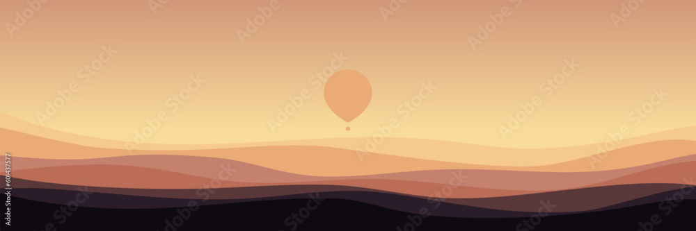 Fototapeta premium sunset in mountain with hot air balloon fly in the sky good for wallpaper, background, backdrop, banner, web, and design template 