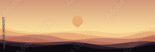 sunset in mountain with hot air balloon fly in the sky good for wallpaper, background, backdrop, banner, web, and design template	
