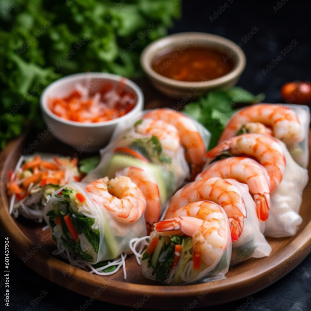 Vietnamese Rolls with prawn inside with the vegetables Vietnamese Rolls with prawn inside with the vegetables