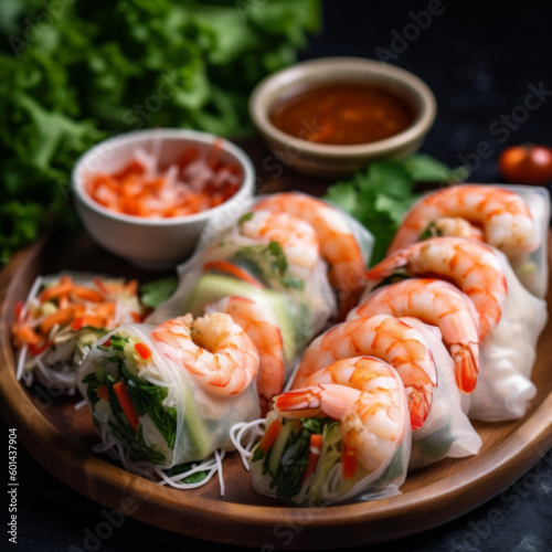 Vietnamese Rolls with prawn inside with the vegetables 