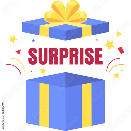 Colorful blank gift box with surprise text in flat design for using as banner