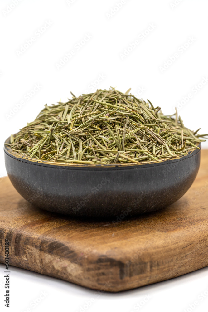 Dried herbs rosemary leaf. Dry seasoning rosemary isolated on white background. Spices and herbs for cooking, provence herbs. Close up