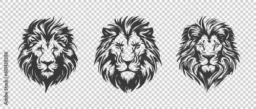 Vector set of shaggy brutal serious lion heads. Stickers or icons. Wild African animals.