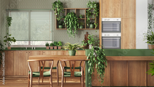 Minimal wooden kitchen in white and green tones with island  chairs and appliances. Biophilic concept  many houseplants. Urban jungle interior design