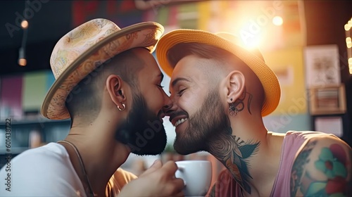 Happy kissing gays couple in cafe, attractive young men lovers with multicolored haircut and tattooed face, LGBT openly gays dating in public cafe, sensitive same gender relationships, generative AI