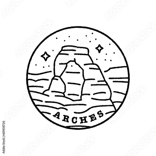 Vintage vector black and white round label. National parks of the USA. Arches. Utah.