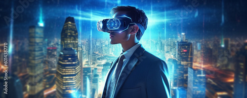 virtual reality helmet. man in suit with virtual reality headset. Generative Ai