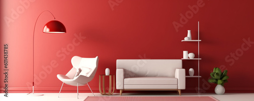 modern minimalist interior. living room with red walls and a white couch. Generative Ai