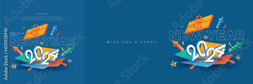 Happy new year 2024. 2024 new year celebration template with 3D number on open gift box and fireworks