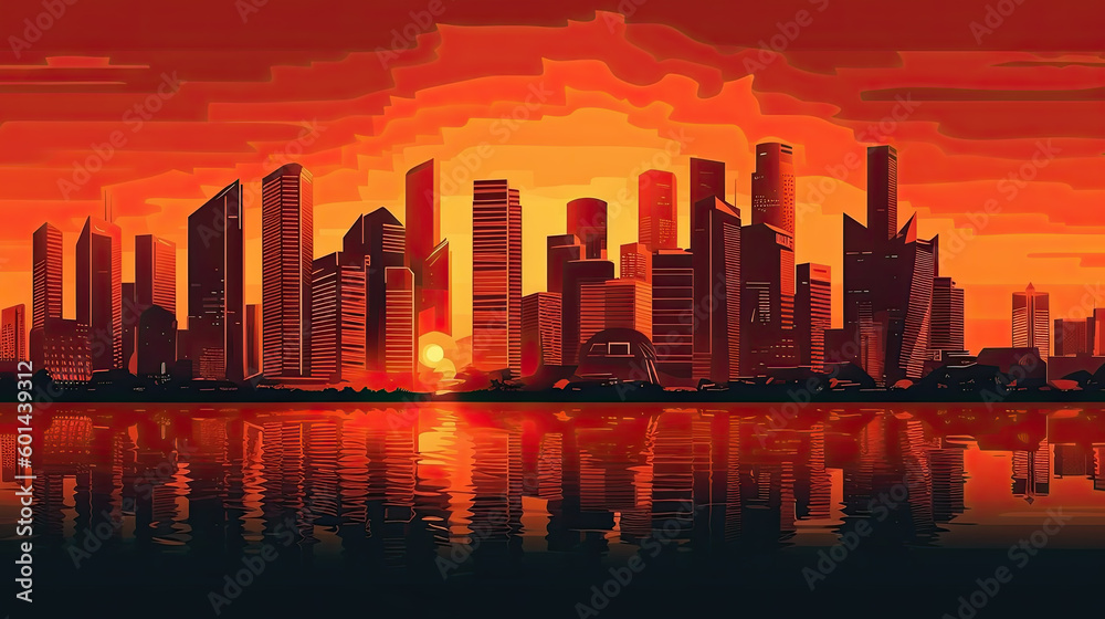 a modern big city with skyscrapers on the horizon in the sunset. Generative AI