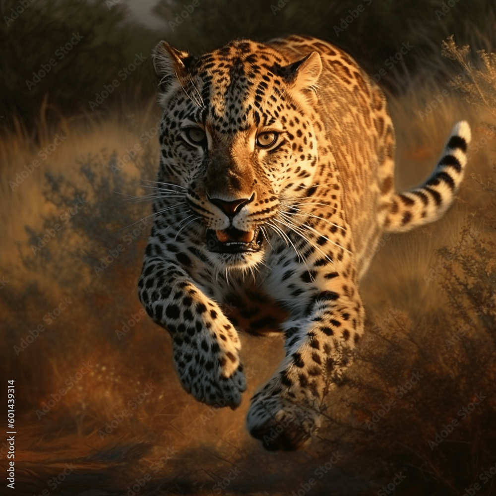 Obraz premium Running wild leopard Generative AI artwork 