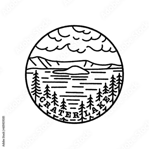 Vintage vector black and white round label. National parks of the USA. Crater Lake. Oregon.