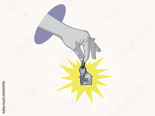 Hand with a key from house in a modern collage style. Vector illustration