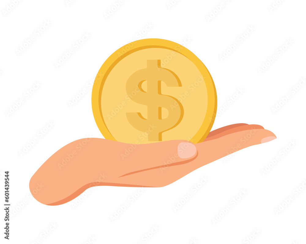 Character's hand holding coins in palm, white background, concept of taking money and repaying debt, gold coins in hand, vector illustration in flat style Character's hand holding coins in palm, white background, concept of taking money and repaying debt, gold coins in hand, vector illustration in flat style