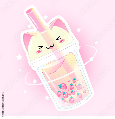 Cute bubble/boba tea in the form of a cat with milk and strawberries in Asian style. Vector image, suitable for designing menus for cafes, restaurants, landing page 