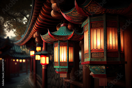 Lanterns at a Buddhist Temple in South Korea. Generative Ai © Mukhlesur