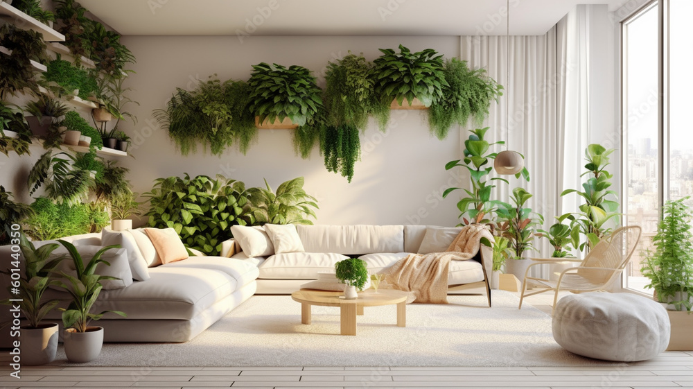 Modern interior with a lot of plants. Organic living room design created with generative ai tools