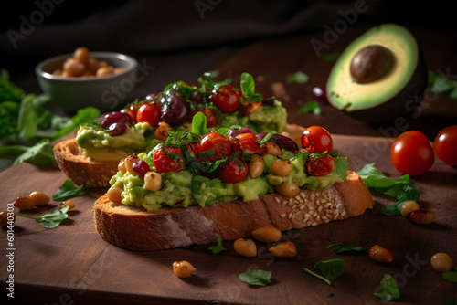 bruschetta with tomatoes  avocado  olives and crispy chickpeas. Healthy meal. Pcos diet