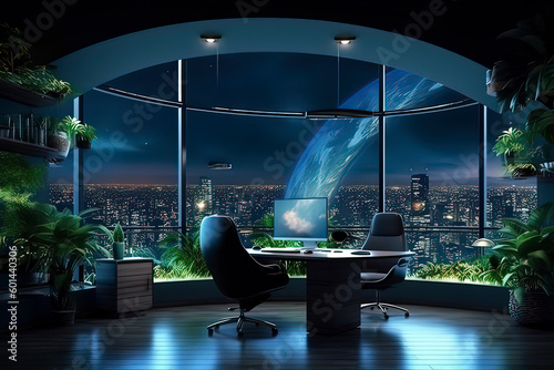 Modern Office and Urban Night View. AI technology generated image
