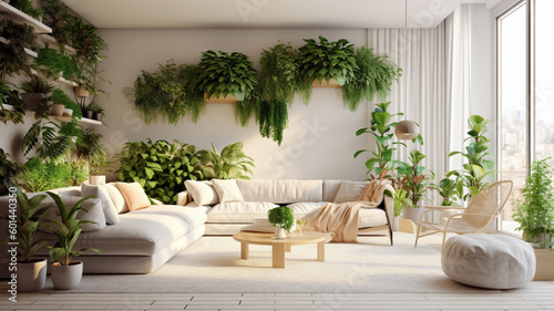 Modern interior with a lot of plants. Organic living room design created with generative ai tools