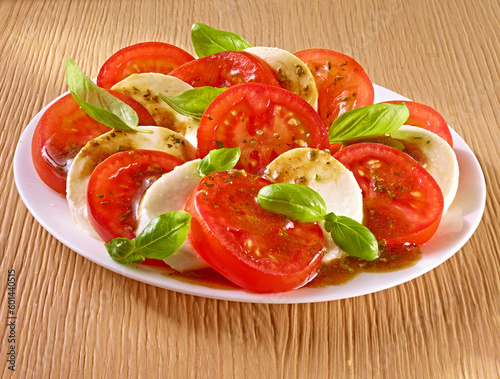 Tomate Mozzarella Teller mit Basilikum plus Essig und Oel