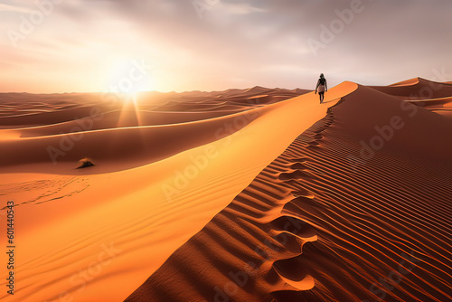 A person walking on the desert. AI technology generated image